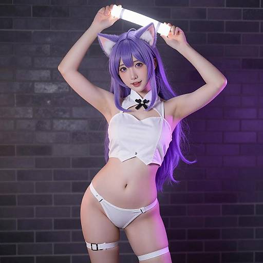 Neon-Lit Purple-Haired Anime Catgirl