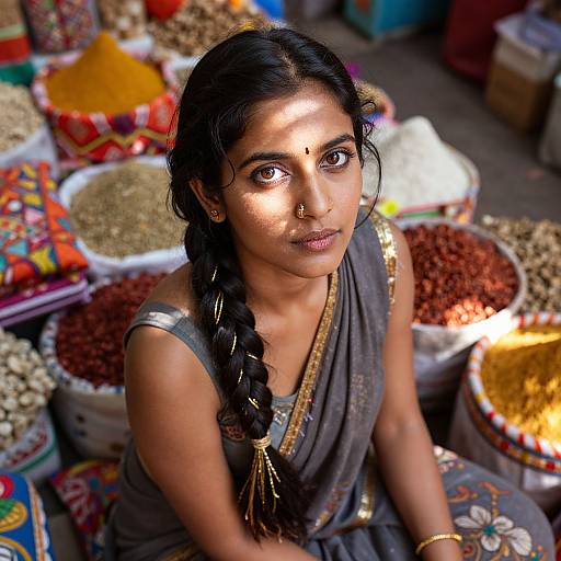 Photograph of a young Indian woman with dark hair in a braid, wearing a gray sari with gold accents, sitting among colorful spice baskets in