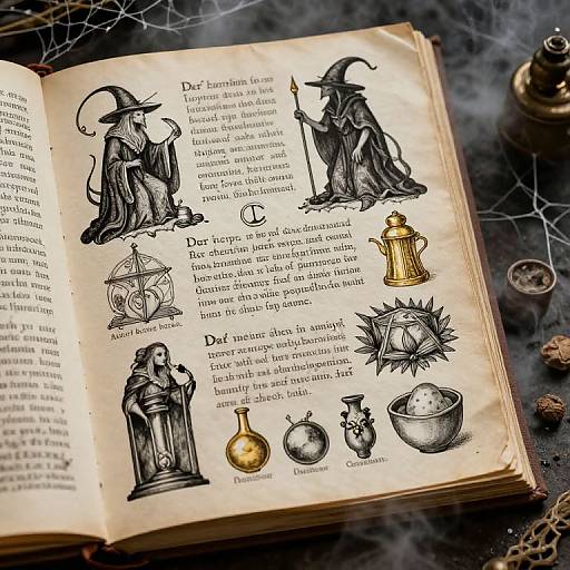 Illustrated open book with black-and-white witch illustrations, magical symbols, and potions on a smoky, mystical, dark-hued background.