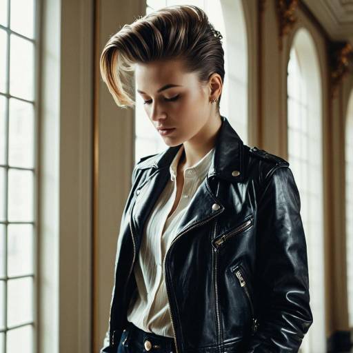 Fashion Model with Pompadour Hairstyle in Leather Jacket