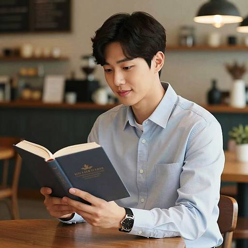 Photograph of an Asian man with short black hair, wearing a light blue button-up shirt, reading a dark blue book in a cozy café. Background