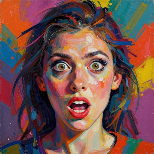 Bright, expressive digital painting of a shocked woman with wide green eyes, red lips, and colorful, abstract background. Her hair is messy, and her