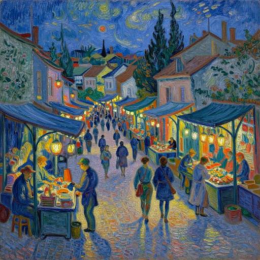 Vibrant, impressionist-style painting of a bustling evening market with colorful stalls, lantern-lit street, people shopping under starry, moonlit