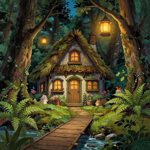 Whimsical forest cottage with glowing lanterns, ferns, potted flowers, and a wooden bridge leading to a cozy, fairy-tale-like