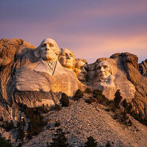 Photograph of Mount Rushmore at sunset, showcasing the carved faces of George Washington, Thomas Jefferson, Theodore Roosevelt, and Abraham Lincoln. Warm orange and