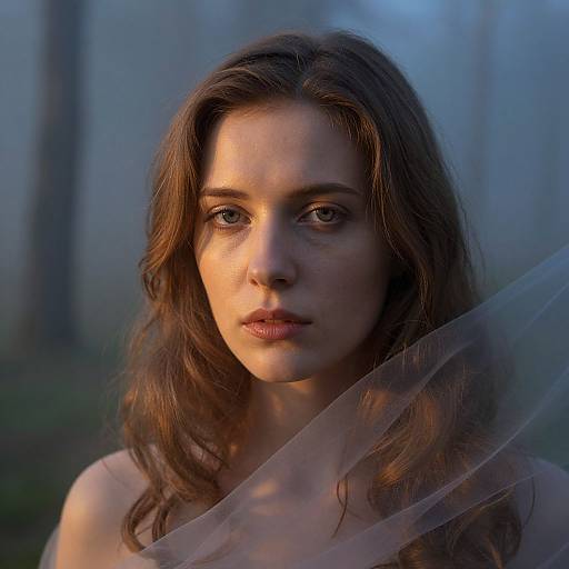 Photograph of a serious, fair-skinned woman with brown wavy hair, blue eyes, and subtle makeup, set against a misty forest background