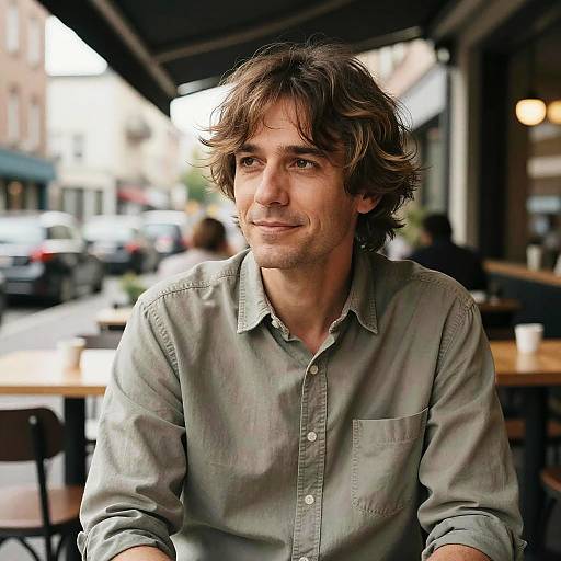 Photograph of a middle-aged man with wavy brown hair, wearing a green button-up shirt, sitting at an outdoor café, smiling slightly, with