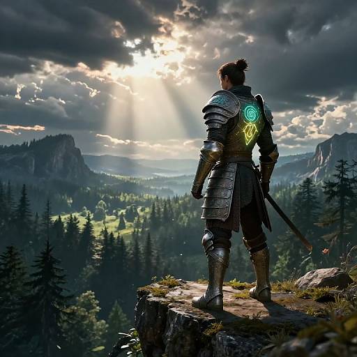 Epic Fantasy Warrior Overlooking Enchanted Forest