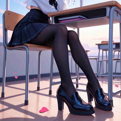 Schoolgirl at Desk with Striped Outfit