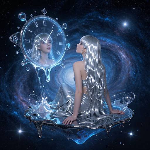 Digital art of a silver-haired woman in a metallic dress, sitting on a floating book, gazing at a glowing, ethereal clock in a cosmic