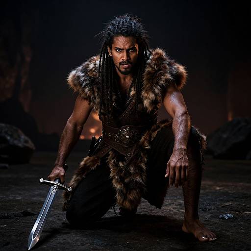 Photograph of a muscular Black warrior with dreadlocks, wearing fur clothing, crouching with a sword in a dark, rocky, fiery background.