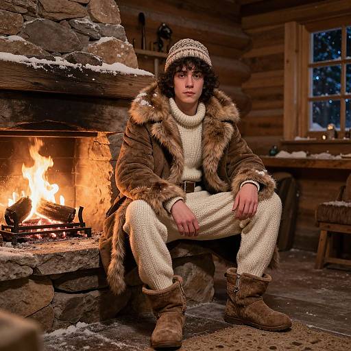 Photograph of a young man with curly hair, sitting by a roaring fireplace in a wooden cabin. Wearing a fur-trimmed coat, knit