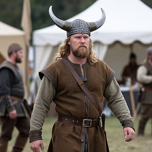 Photograph of a bearded man with long hair, wearing a Viking helmet and brown medieval tunic, standing outdoors at a reenactment event