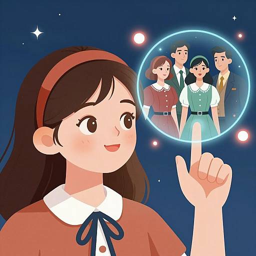 Young Girl Interacting with Vintage Hologram