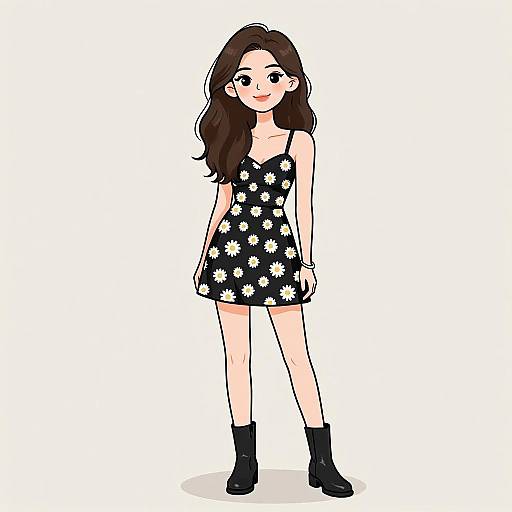 Digital cartoon of a young woman with long brown hair, wearing a black dress with white daisy patterns, black ankle boots, and smiling. White background