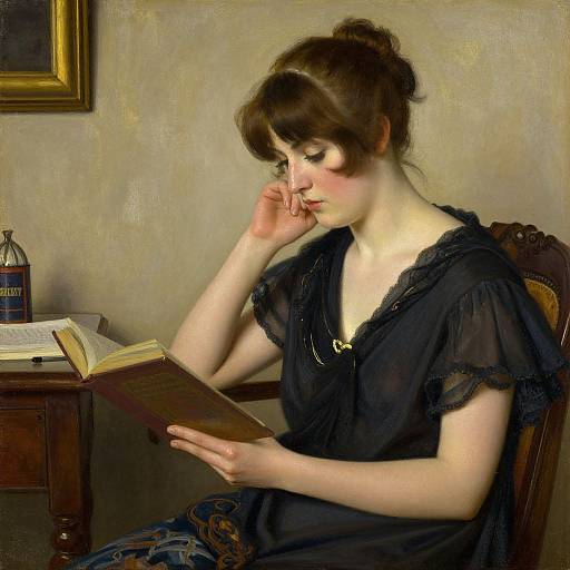 Photograph-style painting of a fair-skinned, brown-haired woman in a black lace dress, reading a book, with a bottle and book on wooden