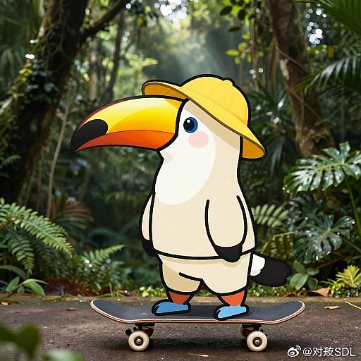 Clothed Toucan Skateboarding in Rainforest