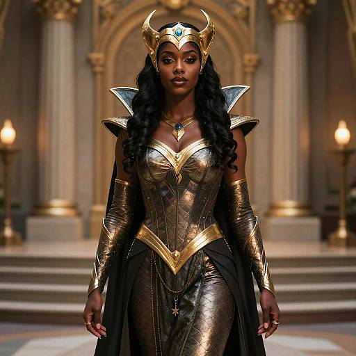 Photograph of a regal Black woman with long curly hair, wearing a gold and black armored dress, crown, and shoulder pads, standing in a