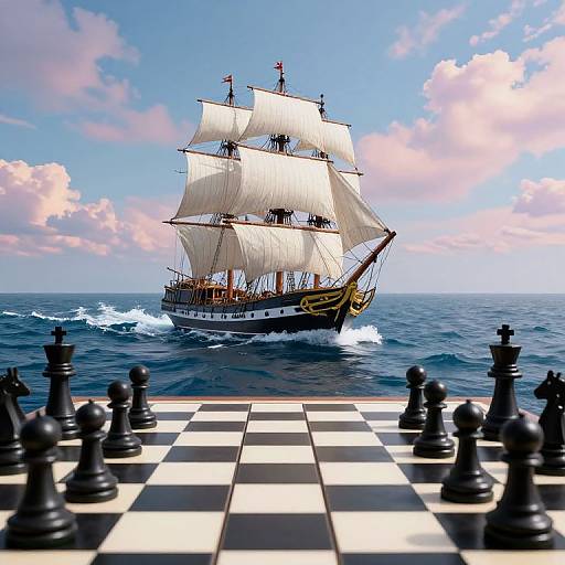Photorealistic image of a grand sailing ship with white sails on a blue ocean, viewed through a black-and-white chessboard foreground.