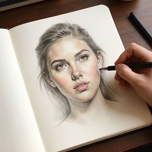 Realistic pencil portrait of a young woman with long dark hair, soft features, and gentle expression, being drawn by a hand holding a pen on a