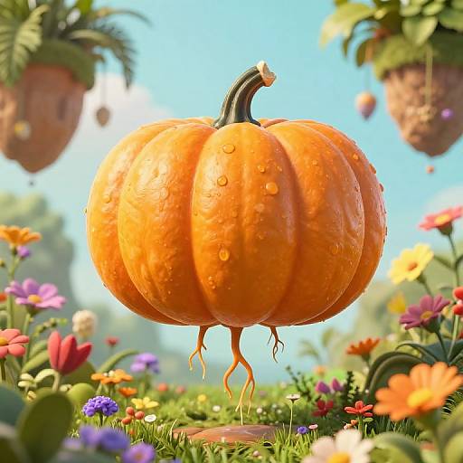 Bright orange pumpkin with water droplets, floating above colorful flowers and blurred hanging baskets, in a vibrant, sunny garden scene.