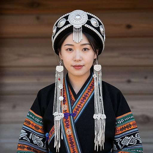 Photograph of an Asian woman in traditional black Hanfu with colorful embroidered patterns, white tassel headpiece, and wooden plank background.