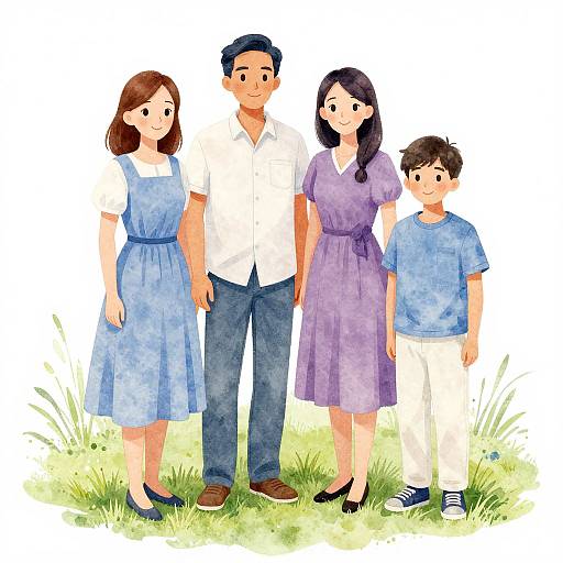 Digital watercolor illustration of a smiling family: father in white shirt and blue pants, mother in purple dress, daughter in blue dress, and son in