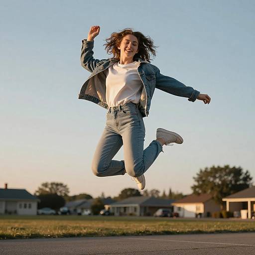 Photograph of a smiling woman with curly brown hair, wearing a blue denim jacket, white t-shirt, and blue jeans, jumping joyfully on a
