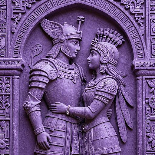Monochromatic relief sculpture of a helmeted Aztec warrior and adorned Aztec woman, standing in an arched, intricately decorated frame.