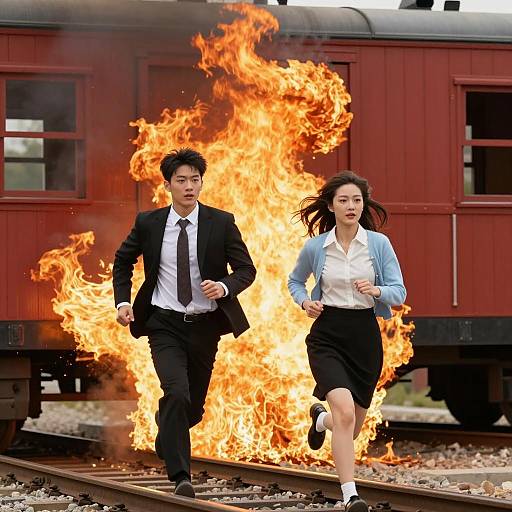 Two people running from fire near train