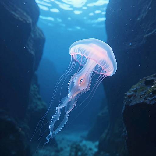 Photograph of a glowing, translucent blue jellyfish with delicate, flowing tentacles, floating in a dark, underwater cavern illuminated by light from above.