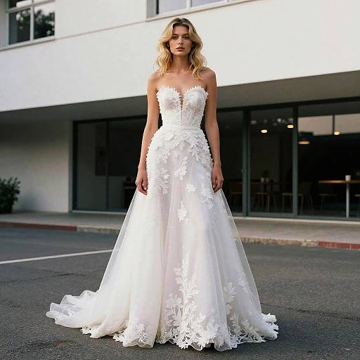 Photograph of a blonde woman in a strapless, white lace wedding dress with floral embroidery, standing on a city street in front of a modern building