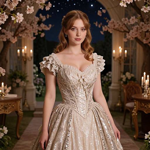 Elegant Woman in Candlelit Ballroom Garden