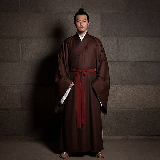 Photograph of a serious East Asian man in a dark brown traditional Korean hanbok with a red belt, standing against a dark stone wall, holding