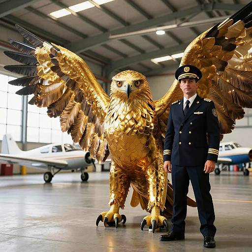Pilot Standing with Giant Golden Eagle in Hangar