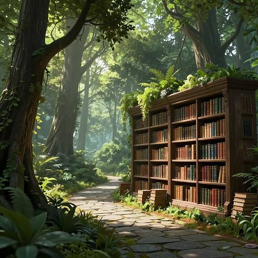 Photorealistic digital art of a sunlit forest path with tall trees, lush greenery, and a wooden bookshelf filled with books on the right