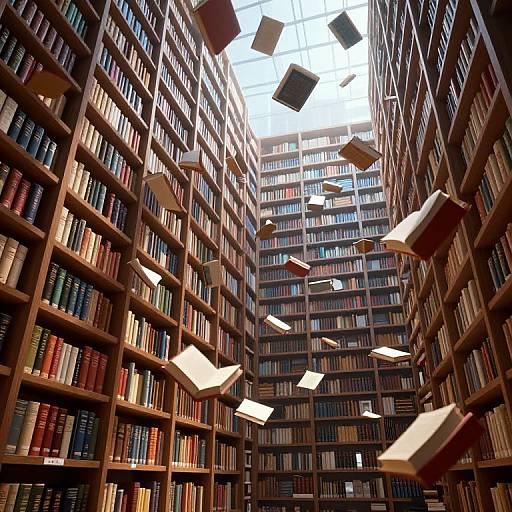 Photograph of a grand library with towering wooden bookshelves filled with colorful books, books floating mid-air, bright natural light from skylight.