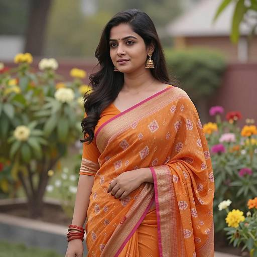 Indian Woman in Orange Saree in Garden