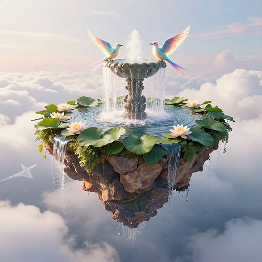 Fantastical floating garden with cascading fountain, lily pads, and two colorful birds mid-flight, reflected on a cloudy sky background.