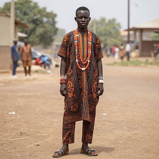 Photograph of a young African boy standing on a dirt road, wearing an orange and black patterned dress, beaded necklace, and bracelets, with
