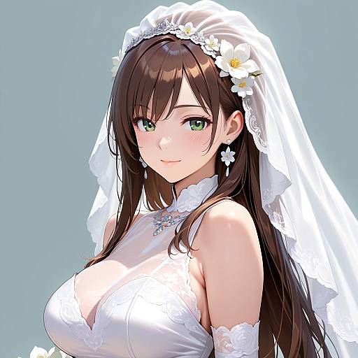 Anime-style digital illustration of a beautiful, green-eyed bride with long brown hair, wearing a white lace wedding dress and veil, adorned with flowers, smiling