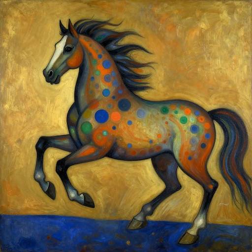 Vibrant, abstract painting of a colorful, spotted horse in mid-trot against a golden, textured background with a blue base. Digital art style