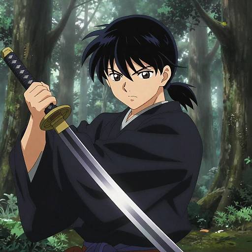Anime-style drawing of a serious young man with black hair in a forest, holding a katana, wearing a black kimono.
