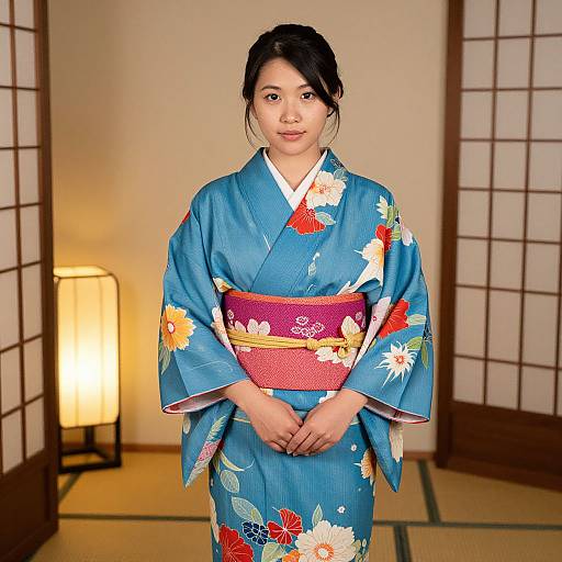 Photograph of an East Asian woman in a blue floral kimono with a red obi, standing in a traditional Japanese room with shoji screens and