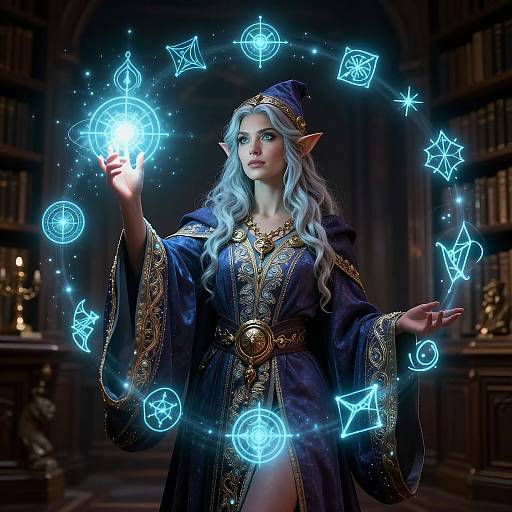 Digital fantasy artwork of a white-haired, elven wizardess in a dark blue, gold-trimmed robe, casting glowing blue magical symbols in a