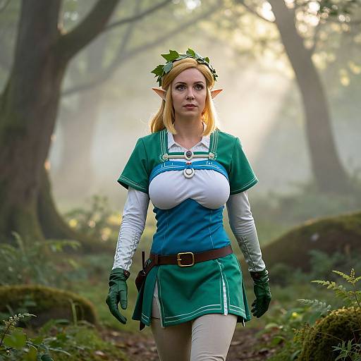 Photograph of a blonde elf woman in green and white fantasy attire, with pointed ears, leaf crown, and gloves, walking in a misty forest