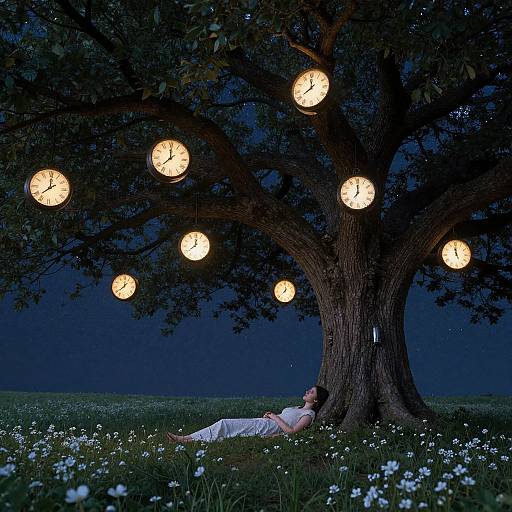 Photograph: Woman in white dress lies under enchanted tree with glowing clock-shaped lanterns, surrounded by white flowers at night.