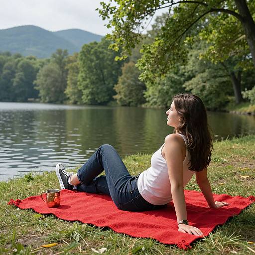 Photograph of a woman with dark hair, white tank top, and blue jeans, sitting on a red blanket by a tranquil lake, with a cup