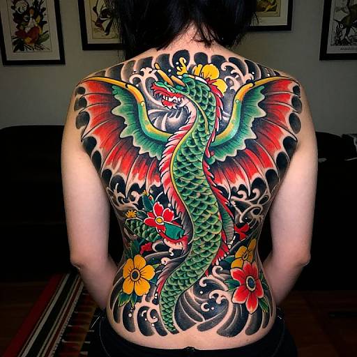 Vibrant Dragon Wings Full-Back Tattoo