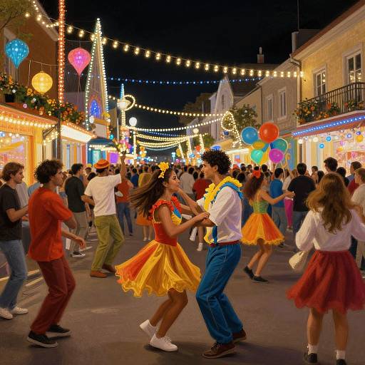 Nighttime street dance party with colorful string lights, balloons, and festive outfits. Dancers in yellow skirts and blue jeans twirl, surrounded by a